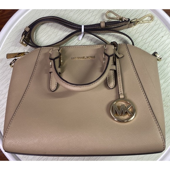 Michael Kors Ciara Large Saffiano Leather Satchel Purse-Beige 8x10x4" EUC - Picture 1 of 14